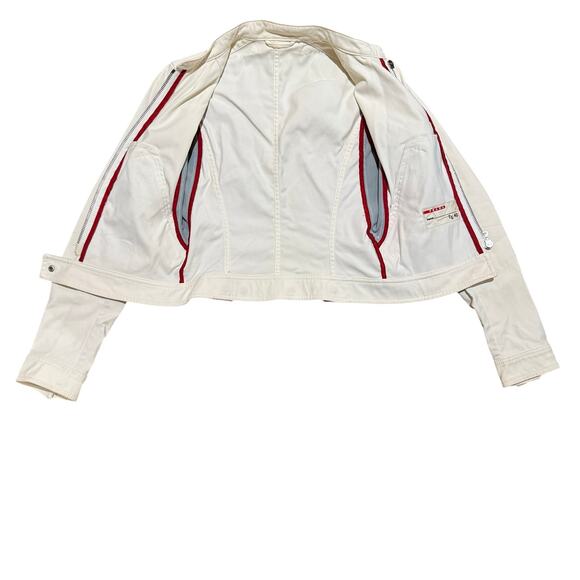 Prada Y2K early 2000’s RARE denim biker jacket, Sz4/S, White, Sky Blue, Red - Picture 3 of 9
